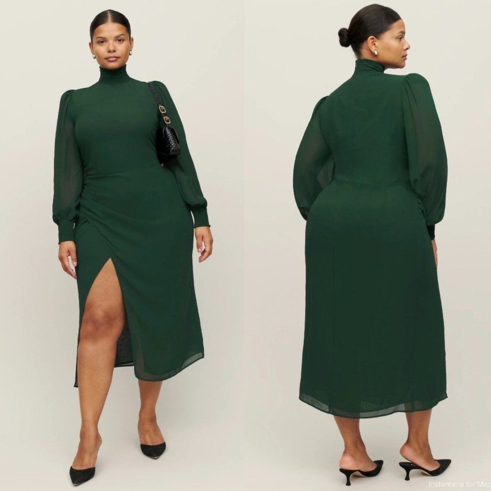 REFORMATION Aude High-Neck Midi Dress 20 Long Sleeve Wedding Cocktail Green